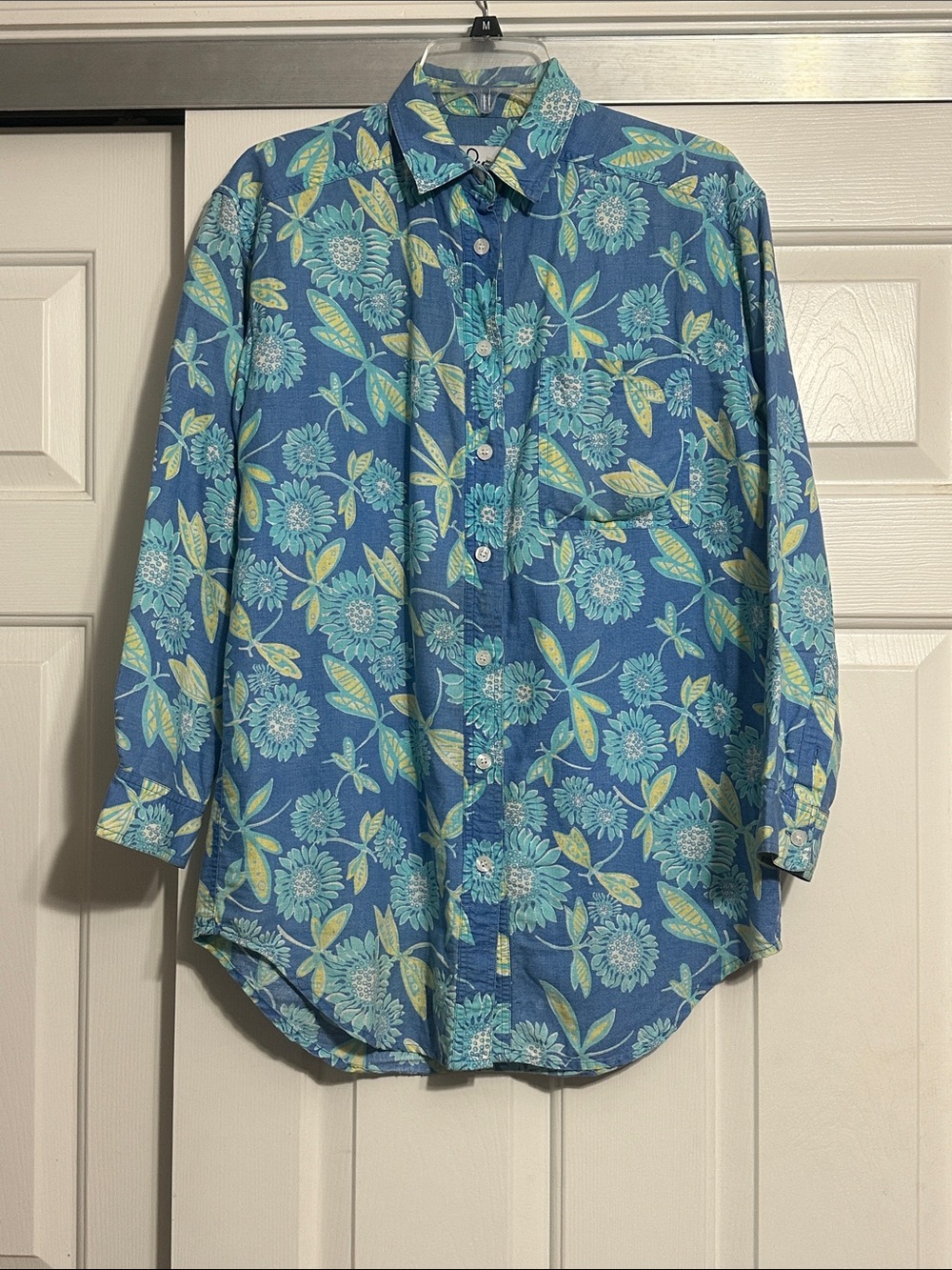 Lilly Pulitzer Blue Floral Camp Shirt with Yellow & Aqua Accents